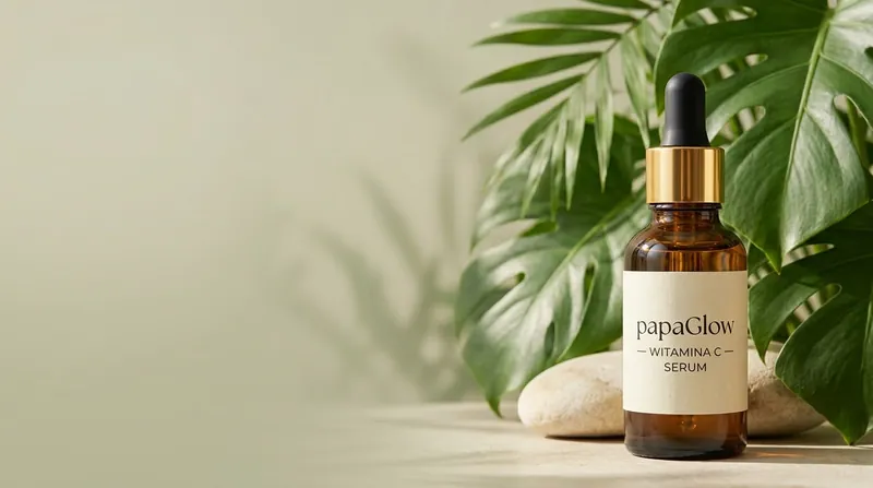 Serum z witaminą C papaGlow w bursztynowej butelce na jasnym kamieniu przy dużych liściach monstery