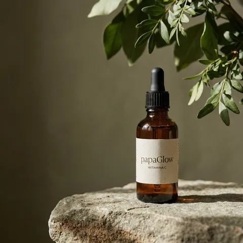 Serum z witaminą C papaGlow w bursztynowej butelce na kamieniu pod zieloną gałązką