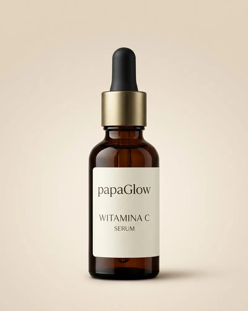 Serum z witaminą C papaGlow w bursztynowej butelce z pipetą, na jasnym tle